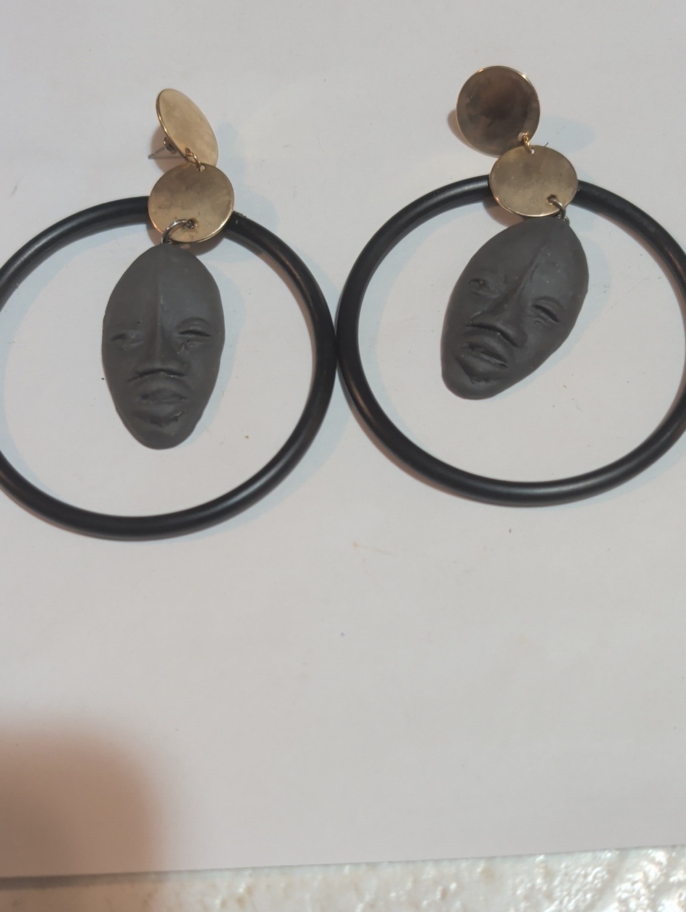 Handcrafted Black Hoop Face Drop Earrings - Unbranded